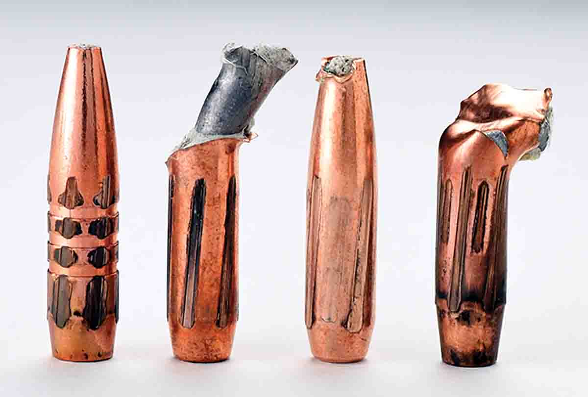 None of the new high-BC bullets produced a classic mushroom at the low-impact velocity of 1,500 fps including (left to right): the Barnes 129-grain LRX BT, Hornady 145 ELD-X, Sierra 140 TGK and the Nosler 150-grain AccuBond LR.
